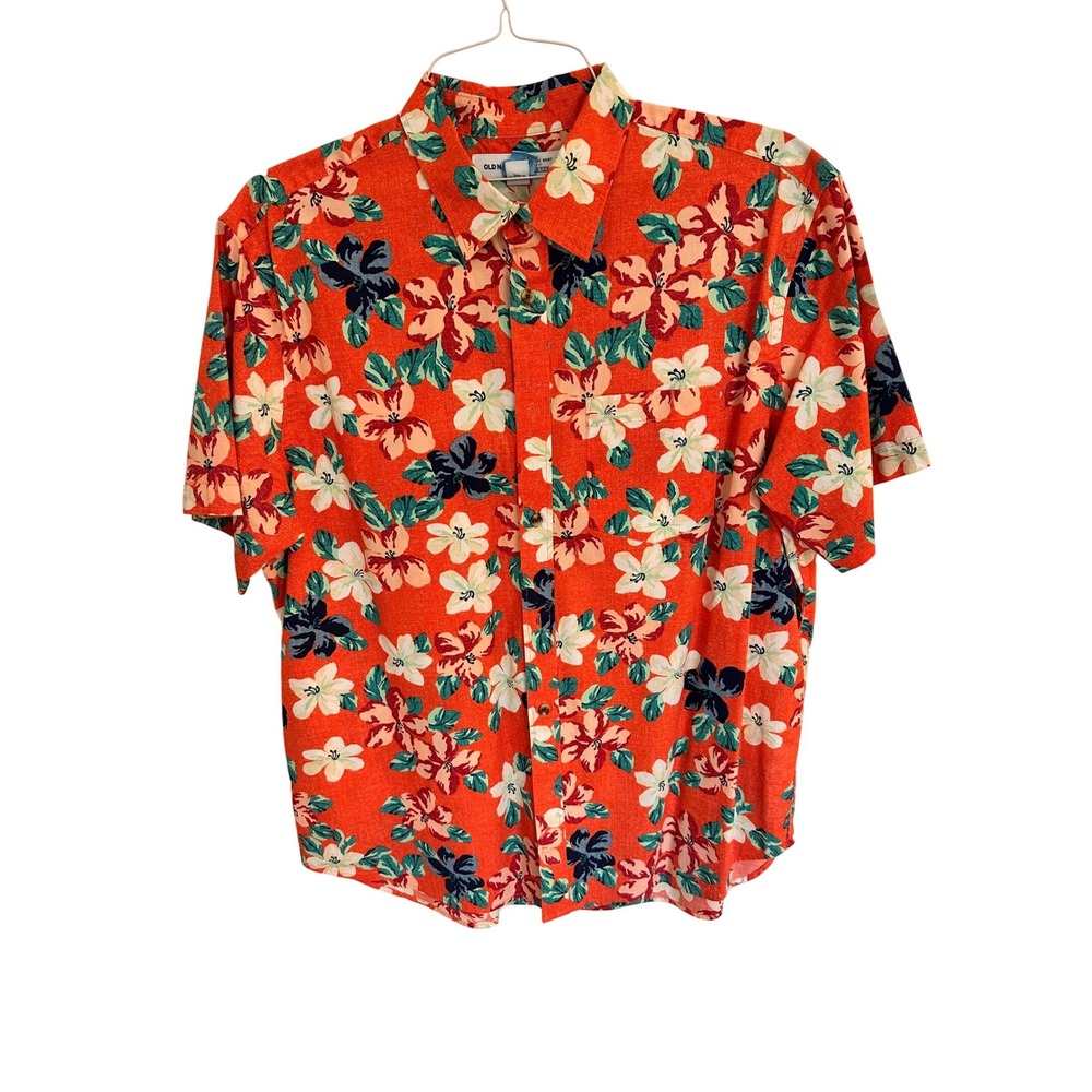 Old Navy Button Down Mens XL Orange Floral The Classic Shirt Slim Fit Stretch